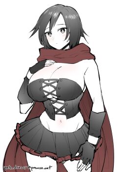 1girl absurdres alternate_breast_size_(larger) black_hair breasts cleavage closed_mouth commentary corset cowboy_shot detached_sleeves fingerless_gloves ge-b gloves hand_on_own_chest highres large_breasts looking_at_viewer midriff miniskirt pleated_skirt red_scarf ruby_rose rwby scarf simple_background skirt solo spot_color