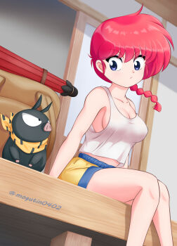 1girl absurdres backpack bag bandana bare_shoulders blue_eyes blue_eyeshadow blue_trim braid braided_ponytail breasts cleavage closed_mouth commentary_request eye_contact eyeshadow feet_out_of_frame floating_hair highres large_breasts long_hair looking_at_another makeup midriff_peek mogutin0402 p-chan pig piglet ranma-chan ranma_1/2 red_hair red_umbrella shorts sideboob single_braid sitting tank_top twitter_username umbrella unworn_backpack unworn_bag white_tank_top yellow_bandana yellow_shorts