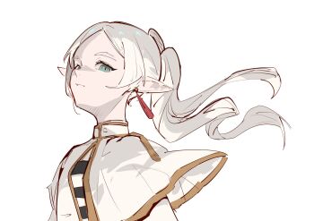 Rule 34 | 1girl, aqua eyes, black shirt, capelet, commentary, earrings, elf, frieren, highres, jewelry, long hair, meme, multicolored shirt, naoel (naoel art), parted bangs, parted lips, pointy ears, shirt, simple background, solo, sousou no frieren, striped clothes, striped shirt, twintails, two-tone shirt, upper body, upward angle frieren drawing (meme), white background, white capelet, white hair, white shirt