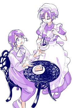 2girls apron cake cake_slice commentary_request cup fang food frilled_apron frills fukumaru_koito hat highres idolmaster idolmaster_shiny_colors limited_palette long_skirt long_sleeves maid maid_apron mob_cap monochrome multiple_girls puffy_short_sleeves puffy_sleeves purple_eyes purple_hair round_table s0h7i1m9e serving short_sleeves sitting skirt table teacup teapot white_apron white_background