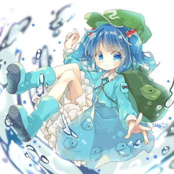 Rule 34 | 1girl, absurdres, backpack, bag, blue eyes, blue hair, blush, commentary request, hair bobbles, hair ornament, hat, highres, kawashiro nitori, key, looking at viewer, multiple girls, shinomaru hajime, short hair, smile, solo, touhou, twintails, two side up