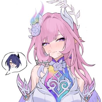 2girls acheron_(honkai:_star_rail) artist_name bare_shoulders bunnyoki commentary cyrene_(demiurge)_(honkai:_star_rail) cyrene_(honkai:_star_rail) dress hair_ornament highres honkai:_star_rail honkai_(series) lipstick_mark lipstick_mark_on_cheek lipstick_mark_on_shoulder long_hair looking_at_viewer multiple_girls pink_hair pointy_ears purple_eyes purple_hair signature simple_background upper_body very_long_hair white_background white_dress yuri