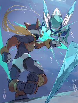 1boy absurdres armor battle bladed_tonfa blonde_hair character_request dual_wielding energy_blade helmet highres holding holding_weapon ice long_hair male_focus mega_man_(series) mega_man_zero_(series) non-humanoid_robot omochi_(mochi_skymega) red_armor red_helmet robot robot_animal underwater weapon zero(z)_(mega_man) zero_(mega_man)