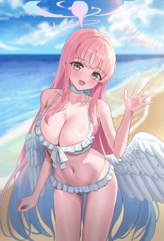 1girl absurdres angel_wings bare_shoulders beach bikini blue_archive blue_sky blurry blurry_background blush breasts choker cleavage cloud cloudy_sky collarbone commentary day doggo34476335 feathered_wings frilled_bikini frills gradient_hair hair_down halo head_tilt highres large_breasts long_hair looking_at_viewer low_wings mika_(blue_archive) mika_(swimsuit)_(blue_archive) multicolored_eyes multicolored_hair navel ocean open_mouth outdoors pink_eyes pink_hair pink_halo salute sand shiny_skin sky smile solo swimsuit thighs two-tone_eyes white_bikini white_choker white_wings wings yellow_eyes