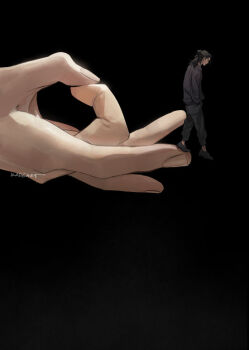 2boys artist_name black_background black_footwear black_hair black_pants black_shirt flick getou_suguru gojou_satoru hair_bun hand_up hands_in_pockets imminent_suicide jujutsu_kaisen kadeart long_sleeves looking_down male_focus multiple_boys out_of_frame pants shirt solo_focus symbolism tiny walking_away