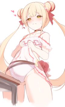 1girl absurdres bikini blonde_hair blush brown_choker choker closed_mouth clothes_lift cropped_legs crotch_rub double_bun female_masturbation frilled_bikini frills frown green_eyes hair_bun hair_ribbon highres ichien_ekaki lifting_own_clothes loli long_hair luna_(shadowverse) masturbation pussy_juice red_ribbon ribbon shadowverse sidelocks simple_background skirt skirt_lift solo standing sweatdrop swimsuit table_humping twintails white_background white_bikini white_skirt