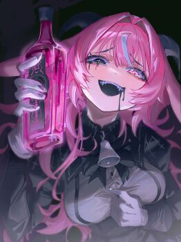 Rule 34 | 1girl, absurdres, alcohol, animal ears, backward-facing horns, bell, bell bow, black dress, black eyes, black saliva, bottle, breasts, colored saliva, commentary request, cross, dark background, dress, drink, fangs, femme soule, fingernail gloves, gloves, goat ears, goat horns, hair intakes, half-closed eyes, hand on own chest, hand up, hetero, highres, holding, holding bottle, holding drink, horns, inverted cross, liquor, long hair, long sleeves, looking at viewer, matofu, multicolored hair, open mouth, pink eyes, pink hair, pukey goddess shot trick, sidelocks, smile, solo, streaked hair, teeth, two-tone dress, upper body, white dress, white gloves, white streaks