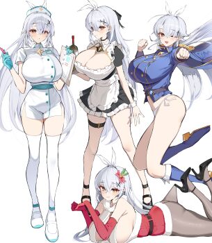 1girl absurdres apron aqua_gloves ass belt birth's_character black_belt black_dress black_pantyhose block_heels blue_cape blue_gem blue_shirt boots bottle breasts cape chozgum cleavage clenched_hands clipboard commentary commission crossed_bangs dress elbow_gloves english_commentary epaulettes floating_cape frilled_apron frilled_dress frills full_body fur-trimmed_dress fur_trim gem gloves gold_trim hair_between_eyes hair_ornament hair_ribbon hands_up hat high_heel_boots high_heels highres holding holding_clipboard holding_syringe holding_tray holly holly_hair_ornament hooked_on_heel id_card knee_boots lace_pantyhose_hooked_on_heel_(meme) large_breasts leg_up legs long_hair long_sleeves lying maid maid_apron meme multiple_views nurse nurse_cap on_stomach one_eye_closed open_mouth original outstretched_arm panties pantyhose parted_lips red_gloves ribbon santa_costume santa_dress shirt short_dress short_sleeves sideboob simple_background smile star_(symbol) striped_clothes striped_panties syringe thigh_strap thighhighs thighs tray underwear very_long_hair white_apron white_background white_hair white_panties white_ribbon white_thighhighs white_wrist_cuffs wrist_cuffs x_hair_ornament yellow_eyes