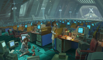 1girl absurdly_detailed_composition absurdres asymmetrical_hair brown_hair cable chair chemise chinese_commentary commentary commentary_request computer corded_phone crt cutting desk dress english_commentary english_text hair_ornament highres holding holding_phone holding_scissors holding_stuffed_toy indoors iwakura_lain lamp medium_hair mixed-language_commentary monitor multiple_persona office on_floor phone plant potted_plant power_lines rubik's_cube scenery scissors serial_experiments_lain shanchi single_sidelock sitting standing stuffed_animal stuffed_toy transmission_tower wariza white_chemise wide_shot wire x_hair_ornament yellow_dress