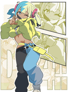 1girl aqua_hair bandeau belt black_belt black_mask blonde_hair blue_eyes breasts canari_(pokemon) criss-cross_straps dark-skinned_female dark_skin highres jacket kanbei_(pixiv11037490) long_sleeves looking_at_viewer mask mask_pull medium_breasts mega_stone mouth_mask multicolored_hair navel nintendo one_eye_closed open_mouth pants pokemon pokemon_legends:_z-a short_twintails smile split-color_hair sports_bra teeth twintails two-tone_hair two-tone_mask two-tone_pants yellow_bandeau yellow_jacket yellow_mask yellow_sports_bra