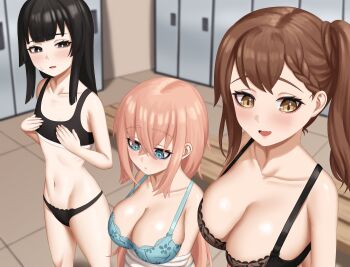 3girls bare_shoulders black_bra black_eyes black_hair black_panties blue_bra blue_eyes blurry blurry_background blush bra braid breast_envy breasts brown_eyes brown_hair cleavage fang flat_chest hair_between_eyes height_difference kotobuki_hisako lace lace-trimmed_bra lace_trim large_breasts locker locker_room long_hair lowleg lowleg_panties medium_hair michinoku_komaro multiple_girls navel oeffe_(oeffe_blank) open_mouth oppai_loli panties pink_hair seitokai_ni_mo_ana_wa_aru! side_ponytail sports_bra sweatdrop terui_arisu underwear