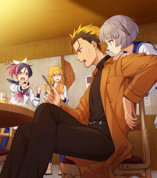 +_+ 1boy 3girls beer_mug belt black_hair black_pants black_shirt blonde_hair brown_coat card chair coat commentary_request crossed_legs cup facial_hair grey_hair indoors indou_yukine jougamine_aki kashiwagi_sara mug multicolored_hair multiple_girls neckerchief nekotama_(artist) pants pink_hair pink_neckerchief playing_card pointing school_uniform scum_of_the_brave serafuku shirt sitting stubble sweat table two-tone_hair white_shirt yashiro_(scum_of_the_brave)
