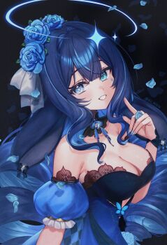 1girl absurdres bare_shoulders black_background blue_dress blue_eyes blue_flower blue_gem blue_hair blue_nails blue_sleeves breasts by_mirin character_request cleavage commentary detached_sleeves dress falling_petals fingernails flower from_side gem hair_between_eyes hair_flower hair_ornament hand_up highres large_breasts light_blush long_hair looking_at_viewer looking_to_the_side nail_polish original petals puffy_short_sleeves puffy_sleeves short_sleeves solo star-shaped_pupils star_(symbol) strapless strapless_dress symbol-shaped_pupils untranslatable_commentary very_long_hair