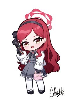 1girl :d absurdres bag bag_charm black_gloves black_hairband black_shoes blue_archive blush brown_eyes charm_(object) chibi collared_shirt commentary dress full_body fur-trimmed_jacket fur-trimmed_sleeves fur_trim gloves grey_dress gun hairband halo handbag handgun highres holding holding_bag holding_gun holding_weapon jacket long_hair long_sleeves makarov_pm open_clothes open_jacket open_mouth pantyhose red_hair revision shirt shoes shuni_valentine signature simple_background smile solo standing stuffed_animal stuffed_rabbit stuffed_toy swept_bangs takane_(blue_archive) very_long_hair weapon weapon_request white_background white_jacket white_pantyhose white_shirt