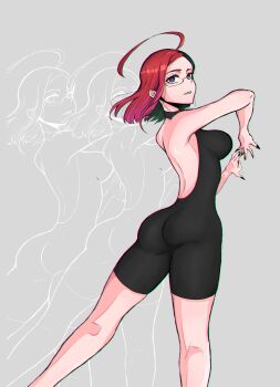 1girl absurdres ahoge asutoia black_hair black_nails breasts back fire glasses grey_background highres kahu_ruan multicolored_hair nail_polish original purple_eyes red_hair sharp_nails short_hair smile thighs tight_clothes