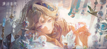 3girls arm_on_table arm_pillow bare_shoulders beryl_bouanich black_hat black_skirt blonde_hair blue_coat blue_eyes bottle brume_(reverse:1999) building coat copyright_name copyright_notice crystal crystallization eiffel_tower felicienne_(reverse:1999) gem hairband hand_on_headwear hand_up hat head_on_arm head_rest highres holding holding_gem localized_gravity logo long_hair looking_at_object multiple_girls newsboy_cap official_art official_wallpaper reverse:1999 shirt skirt solo_focus upper_body upside-down white_hat white_shirt