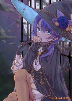 1girl alternate_costume alternate_hair_color black_cape black_gloves black_hat blue_eyes blue_flower blue_rose candy cape commentary_request dress eating feet_out_of_frame flower food full_moon gloves hair_over_shoulder halloween hand_up hat hat_flower hat_ornament highres holding holding_candy holding_food holding_lollipop hololive hoshimachi_suisei knee_up layered_dress lollipop long_hair long_sleeves moon night night_sky pleated_dress pumpkin purple_flower purple_hair purple_rose rose sitting sky solo tukinek0 twitter_username two-tone_dress virtual_youtuber witch_hat