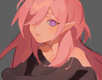 1girl bare_shoulders black_shirt commentary diamond-shaped_pupils diamond_(shape) elf elysia_(herrscher_of_human:_ego)_(honkai_impact) elysia_(honkai_impact) grey_background highres honkai_(series) honkai_impact_3rd long_hair looking_at_viewer mararu pink_hair pointy_ears purple_eyes shirt simple_background solo symbol-shaped_pupils upper_body very_long_hair