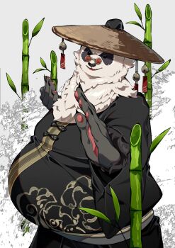 Rule 34 | 1boy, animal ears, bamboo, black fur, black shirt, cha hanare, chinese clothes, conical hat, cowboy shot, fat, fat man, highres, looking at viewer, multicolored fur, obese, pan yinhu, panda boy, panda ears, round eyewear, shirt, white fur, zenless zone zero