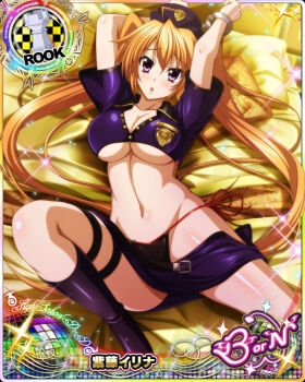 1girl blush breasts card_(medium) chess_piece cleavage cuffs female_focus hair_between_eyes handcuffed handcuffs hat high_school_dxd high_school_dxd_born large_breasts long_hair midriff navel official_art orange_hair panties pencil_skirt police police_uniform policewoman purple_eyes rook_(chess) shidou_irina side-tie_panties skirt solo twintails underboob underwear