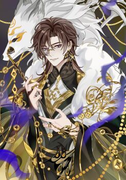 1boy beads belt black_background black_bridal_gauntlets black_cape black_hanfu bracelet bridal_gauntlets brooch brown_hair butterfly_earrings cape chinese_clothes chinese_commentary closed_mouth coin cowboy_shot curtained_hair dice earrings fox fur-trimmed_cape fur_trim glint gold_belt gold_bracelet gold_coin gold_ring gold_trim gongzi_xiyu hair_between_eyes hand_chains hands_up hanfu highres holding holding_smoking_pipe holed_coin hua_yi_shanxin_zhiyue jewelry layered_sleeves lips long_hair long_sleeves looking_at_viewer male_focus monocle official_alternate_costume purple_eyes ring see-through_clothes shirt shoulder_pads side_cape sideways_glance simple_background single_bridal_gauntlet smile smoke smoking_pipe solo standing two-sided_sleeves wen_siyu white_shirt wide_sleeves