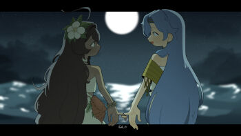 2girls 37_(reverse:1999) absurdres ahoge ancient_greek_clothes bare_shoulders blue_eyes blue_hair blurry blurry_background brown_hair conch daku_k dark-skinned_female dark_skin eye_contact face-to-face fatutu flower from_behind full_moon greco-roman_clothes hair_flower hair_ornament hibiscus highres leaf_hair_ornament letterboxed long_hair looking_at_another moon multiple_girls night night_sky ocean open_mouth pinky_swear profile reverse:1999 shell_bracelet shirt skirt sky sleeveless sleeveless_shirt toga upper_body very_long_hair white_flower white_shirt white_skirt