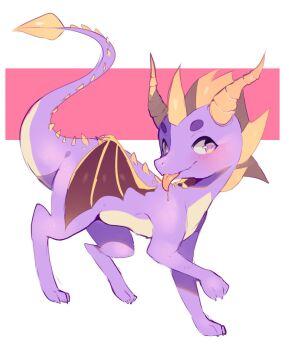 1boy blonde_hair blush claws closed_mouth dragon drooling fredek666 full_body furry furry_male happy highres horns leg_up looking_to_the_side no_humans purple_eyes saliva simple_background smile solo spikes spyro_(series) spyro_the_dragon standing tongue tongue_out two-tone_background white_background wings
