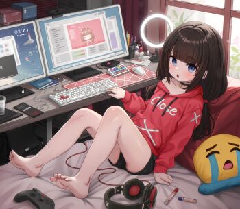 1girl barefoot black_choker black_shorts blue_eyes blush breasts brown_hair cellphone choker commentary comodox computer_keyboard computer_mouse crying_emoji emoji english_commentary headphones highres hood hood_down hoodie indoors knees_up loli long_sleeves low_twintails marker monitor multiple_monitors open_mouth original paid_reward_available phone red_hoodie sheryn_(comodox) short_shorts shorts single_bare_shoulder sitting small_breasts smartphone soles solo star_(symbol) star_choker toes twintails variant_set