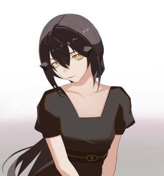 Rule 34 | 1girl, arm out of frame, black dress, black hair, black lips, breasts, closed mouth, collarbone, commentary, dandelion (girls' frontline), dress, english commentary, girls' frontline, girls' frontline 2: exilium, hair between eyes, hair ornament, hairclip, highres, light smile, long hair, looking at viewer, short sleeves, sidelocks, simple background, solo, takaprince, upper body, yellow eyes