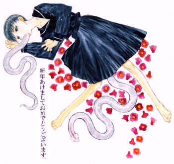 1girl akeome all_the_way_through barefoot black_eyes black_hair black_serafuku chinese_zodiac commentary_request flower full_body happy_new_year highres nakamura_hirofumi new_year open_mouth original school_uniform serafuku short_hair snake solo traditional_media year_of_the_snake