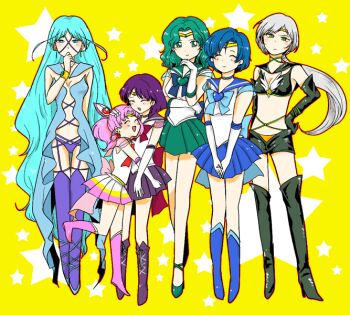 Rule 34 | 6+girls, aki4225, bishoujo senshi sailor moon, bishoujo senshi sailor moon stars, boots, brooch, chibi usa, cone hair bun, elbow gloves, full body, gloves, hair bun, heart, heart brooch, hug, jewelry, kaiou michiru, knee boots, mizuno ami, multiple girls, sailor aluminum seiren, sailor chibi moon, sailor mercury, sailor neptune, sailor saturn, sailor star healer, simple background, star (symbol), star symbol background, super sailor chibi moon, super sailor mercury, super sailor neptune, super sailor saturn, tomoe hotaru, v arms, yaten kou