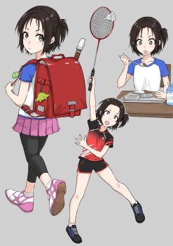1girl absurdres backpack badminton badminton_racket bag blue_shirt brown_eyes brown_hair commentary_request crime_prevention_buzzer curry drink_carton flute food food_on_face fuku_(fuku12290574) full_body grey_background highres holding holding_badminton_racket holding_spoon instrument leggings looking_back milk_carton multiple_views one_side_up open_mouth original pink_skirt pleated_skirt racket randoseru recorder red_bag red_shirt rice rice_on_face shirt shoes short_hair shorts shuttlecock skirt sneakers socks spoon teeth two-tone_shirt upper_teeth_only white_shirt white_socks
