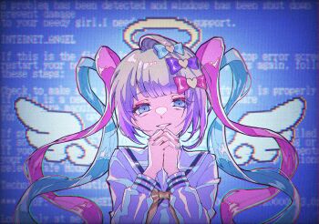 1girl @_@ ame-chan_(needy_girl_overdose) blue_hair blue_screen_of_death bow english_text error_message fukowaikaga grey_hair hair_bow halo highres interlocked_fingers long_hair long_sleeves looking_at_viewer multicolored_hair multicolored_nails multiple_hair_bows nail_polish neck_ribbon needy_girl_overdose noise chouzetsusaikawa_tenshi-chan own_hands_clasped own_hands_together parted_lips pink_hair ribbon sailor_collar smile solo twintails upper_body very_long_hair