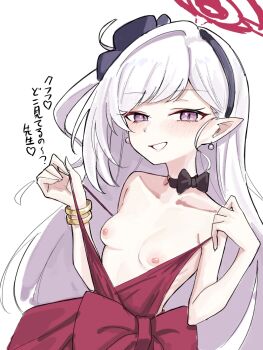 1girl bangle bare_shoulders black_bow black_choker black_hairband blue_archive blush bow bracelet breasts choker clothes_pull dress dress_pull earrings eiraku_tee hairband halo highres jewelry loli long_hair looking_at_viewer mutsuki_(blue_archive) mutsuki_(dress)_(blue_archive) nipples pointy_ears purple_eyes red_ribbon ribbon simple_background sleeveless sleeveless_dress small_breasts solo translated very_long_hair white_background white_hair
