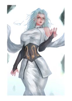 1girl absurdres bluecup breasts bridal_gauntlets debris dress floating glasses green_eyes highres large_breasts levitation long_hair long_sleeves one-punch_man open_mouth psychos_(one-punch_man) simple_background solo telekinesis very_long_hair white_dress