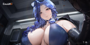 1girl absurdres blue_choker blue_dress blue_eyes blue_hair breasts choker copyright_logo copyright_name dalanxia dp-12_(girls'_frontline) dress eyewear_on_head game_screenshot girls'_frontline girls'_frontline_2:_exilium headpat helen_(girls'_frontline_2) helen_(starlit_waltz)_(girls'_frontline_2) highres indoors logo long_hair looking_at_viewer official_art pov smile solo spoilers sunglasses upper_body