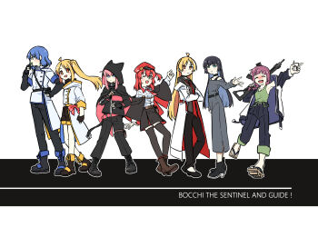 1girl ahoge animal_hood assault_rifle belt bird black_belt black_choker black_dress black_hair black_jacket black_shirt blonde_hair blue_eyes blue_hair blunt_bangs blush bocchi_the_rock! boots bow braid breasts buttons cape cargo_shorts chin_piercing choker cleavage coat collared_shirt colored_inner_hair cube_hair_ornament double-breasted dress epaulettes face_piercing fingerless_gloves geta gloves gotoh_hitori green_eyes gun hair_between_eyes hair_bow hair_ornament hair_over_shoulder hair_scrunchie high_heels highres hime_cut hiroi_kikuri holding holding_leaf hood ijichi_nijika ijichi_seika jacket java_sparrow kita_ikuyo labret_piercing leaf long_hair long_sleeves loose_necktie mole mole_under_eye multicolored_hair multicolored_jacket necktie one_side_up open_mouth overcoat pa-san pants piercing pink_belt pink_cape pink_hair pink_jacket purple_hair red_bow red_eyes red_hair rifle scrunchie sharp_teeth shinshi_yuusha_x_ko shirt short_hair shorts side_ponytail sidelocks simple_background single_braid singlet smile techwear teeth thighhighs weapon white_background yamada_ryo yellow_eyes