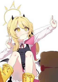 1girl absurdres blonde_hair blue_archive boots demon_horns demon_wings hair_intakes halo highres holding holding_sewing_needle holding_string horns ibuki_(blue_archive) low_wings mouth_hold otamato119 pointy_ears solo string stuffed_animal stuffed_toy teddy_bear white_background wings yellow_boots yellow_eyes yellow_halo
