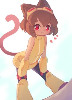 1girl absurdres alternate_breast_size_(smaller) animal_ears brown_hair cat_ears cat_girl cat_tail commentary commission english_commentary flat_chest furry furry_female gameoverse highres kanbaki kit_bodega looking_at_viewer red_eyes shirt short_hair sleeveless sleeveless_shirt solo standing tail yellow_shirt
