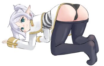 Rule 34 | 1girl, absurdres, ahodeyaro, all fours, ass, black panties, black pantyhose, capelet, closed mouth, clothes pull, elf, frieren, green eyes, grey hair, highres, long hair, looking at viewer, panties, pantyhose, pantyhose pull, pointy ears, shirt, simple background, smile, solo, sousou no frieren, striped clothes, striped shirt, twintails, underwear, white background, white capelet