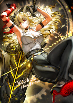 1girl absurdres arm_strap armpits arms_up black_choker black_gloves black_horns black_pants black_shoes blonde_hair breasts bright_pupils button_gap choker collarbone commentary_request curled_horns gloves greatsword hair_between_eyes high-waist_pants high_heels highres holding holding_sword holding_weapon horns kankitsurui_(house_of_citrus) large_breasts long_hair looking_at_viewer mole mole_on_breast necktie necktie_around_wrists no_bra pants parted_lips partial_commentary red_eyes red_necktie shirt shirt_tucked_in shoes signature solo sword tight_clothes tight_pants torn_clothes torn_shirt weapon white_pupils white_shirt wuthering_waves zani_(wuthering_waves)