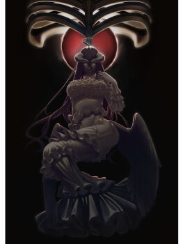 1girl absurdly_long_hair ahoge albedo_(overlord) angel_wings arm_at_side arm_support ass bare_arms bare_hips bare_shoulders black_background black_feathers black_hair black_wings blue_gemstone bone border breasts closed_mouth clothing_cutout collar covered_erect_nipples curled_horns curvy dark demon_girl demon_horns demon_wings detached_collar double-parted_bangs dress expressionless feathered_wings feathers frilled_dress frilled_gloves frills full_body gem gloves glowing glowing_eyes gold_necklace gold_trim hair_between_eyes hand_up high_collar hip_vent horns jewelry large_breasts layered_dress long_bangs long_dress long_hair long_hair_between_eyes long_horns long_sidelocks looking_at_viewer low_horns low_wings mature_female necklace no_ears nose off-shoulder_dress off_shoulder orb overlord_(maruyama) pale_skin pillarboxed raised_eyebrows rakugakingu reclining red_gemstone ribs sidelocks silver_ring simple_background sitting skindentation sleeveless sleeveless_dress slit_pupils solo spider_web_necklace straight_hair tall_female thick_thighs thighs twirling_hair very_long_hair white_border white_collar white_dress white_gloves white_gown white_horns wings yellow_eyes