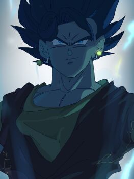 Rule 34 | 1boy, absurdres, black hair, dragon ball, dragonball z, electricity, green eyes, grey background, highres, kazumax76, male focus, medium hair, muscular, muscular male, orange shirt, shirt, solo, spiked hair, upper body, vegetto