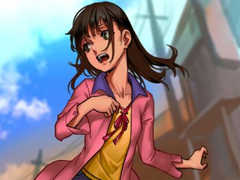 Rule 34 | 1girl, as109, brown hair, cloud, collarbone, day, female focus, from below, green eyes, jacket, long hair, running, shoujo to ura roji, sky, solo, teeth