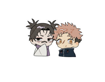2boys bandaid bandaid_on_face bandaid_on_nose black_eyes black_hair black_jacket brown_hair chibi chibi_only choso_(jujutsu_kaisen) closed_mouth commentary_request cropped_torso hand_up itadori_yuuji jacket jujutsu_kaisen long_sleeves male_focus multiple_boys okayu_(okayuyuyu2) purple_scarf scarf shirt short_hair simple_background white_background white_shirt wide_sleeves wispy_bangs yellow_eyes