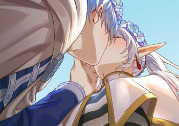 1boy 1girl black_shirt blue_hair blue_jacket blush capelet elf frieren grey_background head_wreath hetero highres himmel_(sousou_no_frieren) jacket kiss long_hair pointy_ears rezoeline shirt short_hair simple_background sousou_no_frieren striped_clothes striped_shirt twintails white_capelet white_shirt