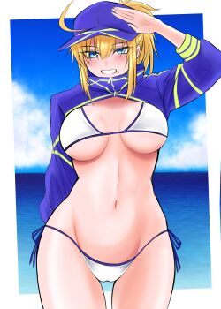 Rule 34 | 1girl, absurdres, ahoge, artoria pendragon (fate), baseball cap, bikini, blonde hair, blue eyes, blue hat, blue shrug, blue sky, blush, breasts, cleavage, commentary request, fate/grand order, fate (series), grin, hat, highres, large breasts, long hair, long sleeves, looking at viewer, mcpc zamurai, mysterious heroine xx (fate), navel, ocean, ponytail, shrug (clothing), sidelocks, sky, smile, solo, swimsuit, thighs, white bikini