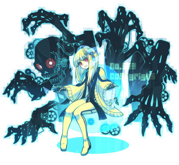 1girl :d bandaged_hand bandages blonde_hair character_name cofagrigus commentary_request gears gen_5_pokemon hair_ornament k_(kuri) long_hair long_sleeves nintendo open_mouth personification pokedex_number pokemon red_eyes sitting skeleton smile