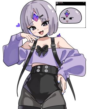 1girl :3 :d black_bow black_bowtie black_choker black_shorts blush bob_cut bow bowtie choker commentary cowboy_shot english_commentary forehead_jewel furrowed_brow gem grey_eyes grey_hair grey_pantyhose gurumie hand_on_own_hip hand_up heart high-waist_shorts highres hololive hololive_english long_sleeves looking_at_viewer material_growth off-shoulder_sweater off_shoulder open_mouth pantyhose pebble_(koseki_bijou) personification purple_gemstone purple_sweater reference_inset shorts simple_background smile solo standing strap sweater virtual_youtuber white_background