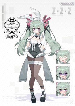 Rule 34 | 1girl, alternate costume, animal ear hairband, animal ears, anklet, armband, black shoes, blush, breasts, brown pantyhose, checkered background, cleavage, commentary request, copyright name, corin wickes, dotted background, fake animal ears, frilled armband, frilled leotard, frilled thigh strap, frills, full body, green hair, grey background, hair ornament, hairband, hands up, highres, jewelry, leotard, long hair, looking at viewer, maid, maid headdress, matsumoto tomoyohi, medium breasts, open mouth, pantyhose, purple eyes, rabbit ear hairband, rabbit ears, rabbit hair ornament, screw, shoes, socks, solo, thigh strap, twintails, underbust, white socks, zenless zone zero